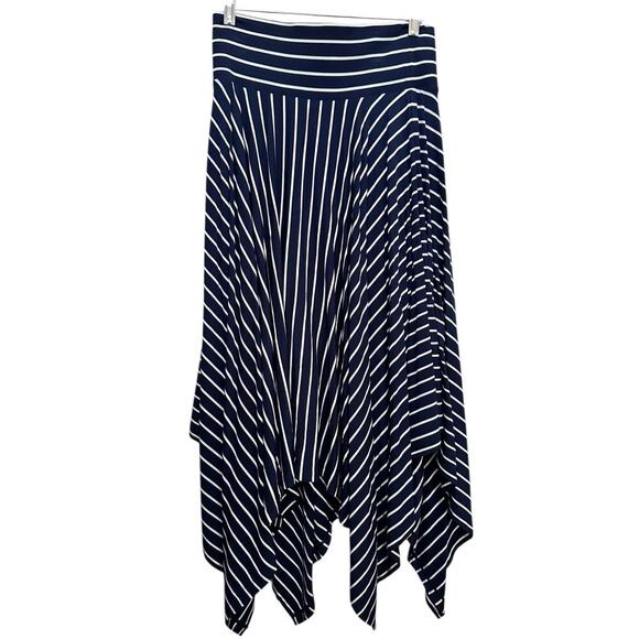 CAbi #5183 Women's Blue White Striped Asymmetric Stretchy Midi Skirt Size Small - Picture 2 of 5